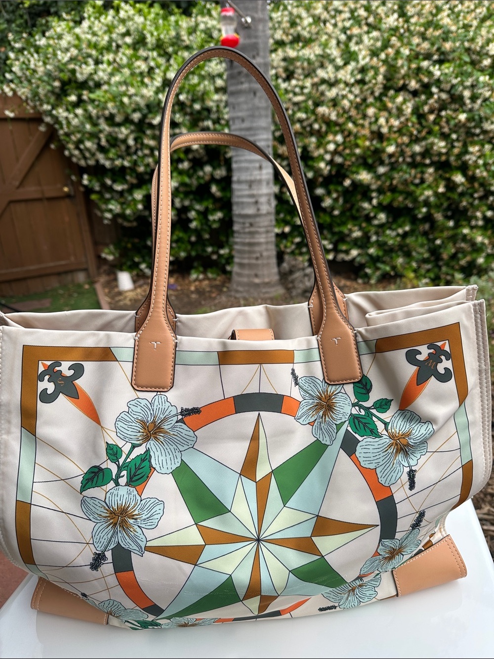 Tory Burch Floral Geometric Canvas Tote in Cream, Green, Orange and Tan